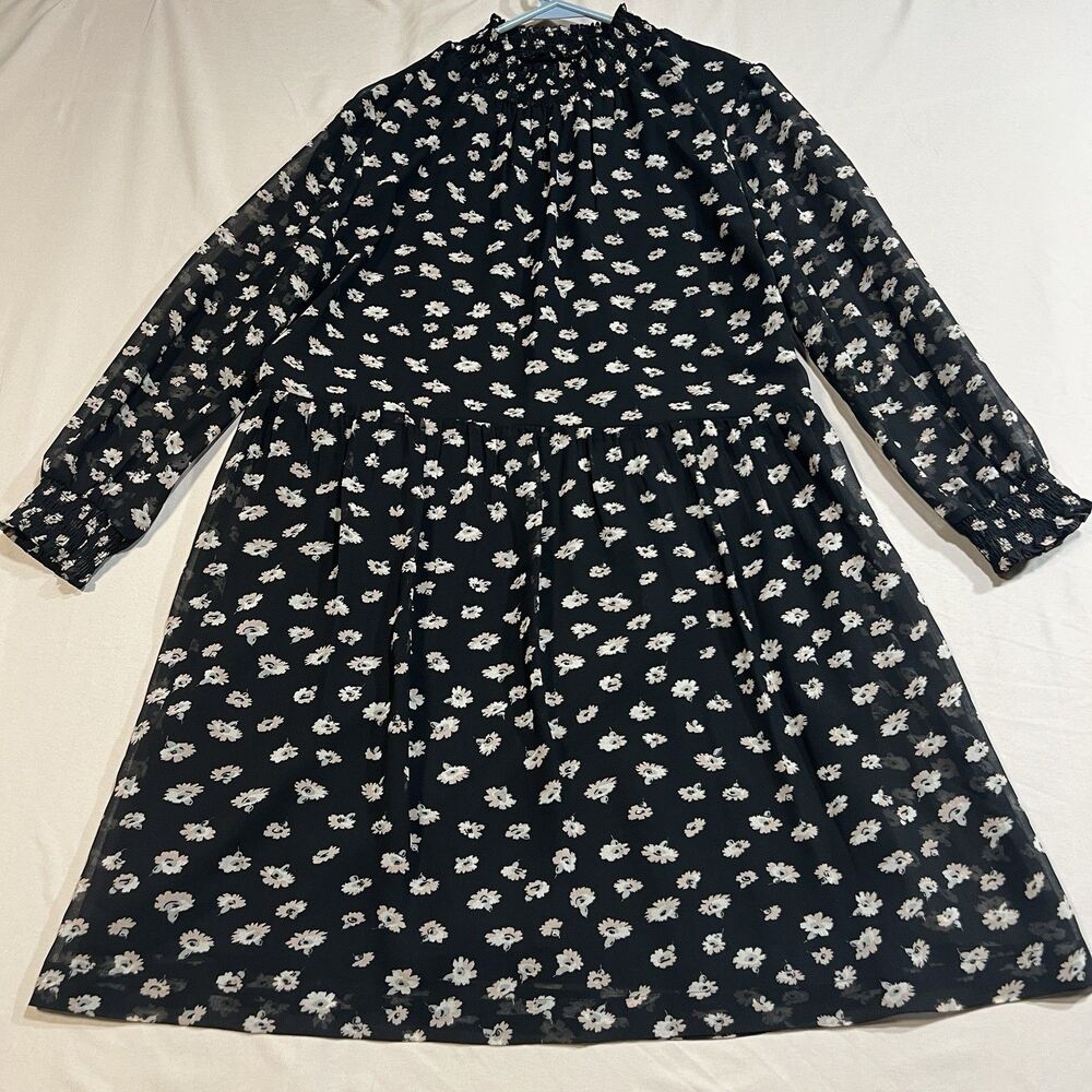 Madewell Mistlight Mockneck Dress Seattle Floral Daisy Black White Size L Large